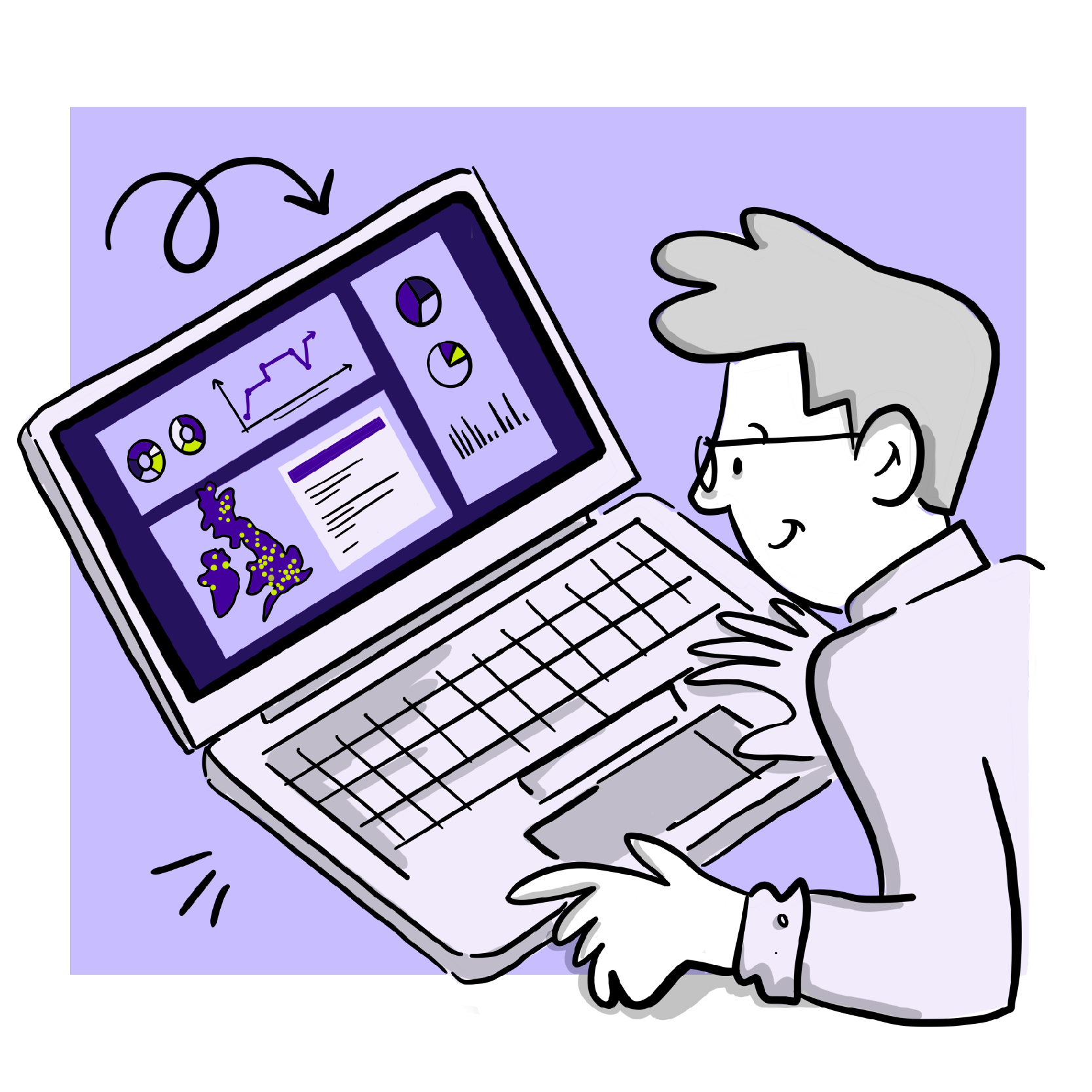 Illustration of a person looking at de-identified records of people served by some NHS hospitals in England.