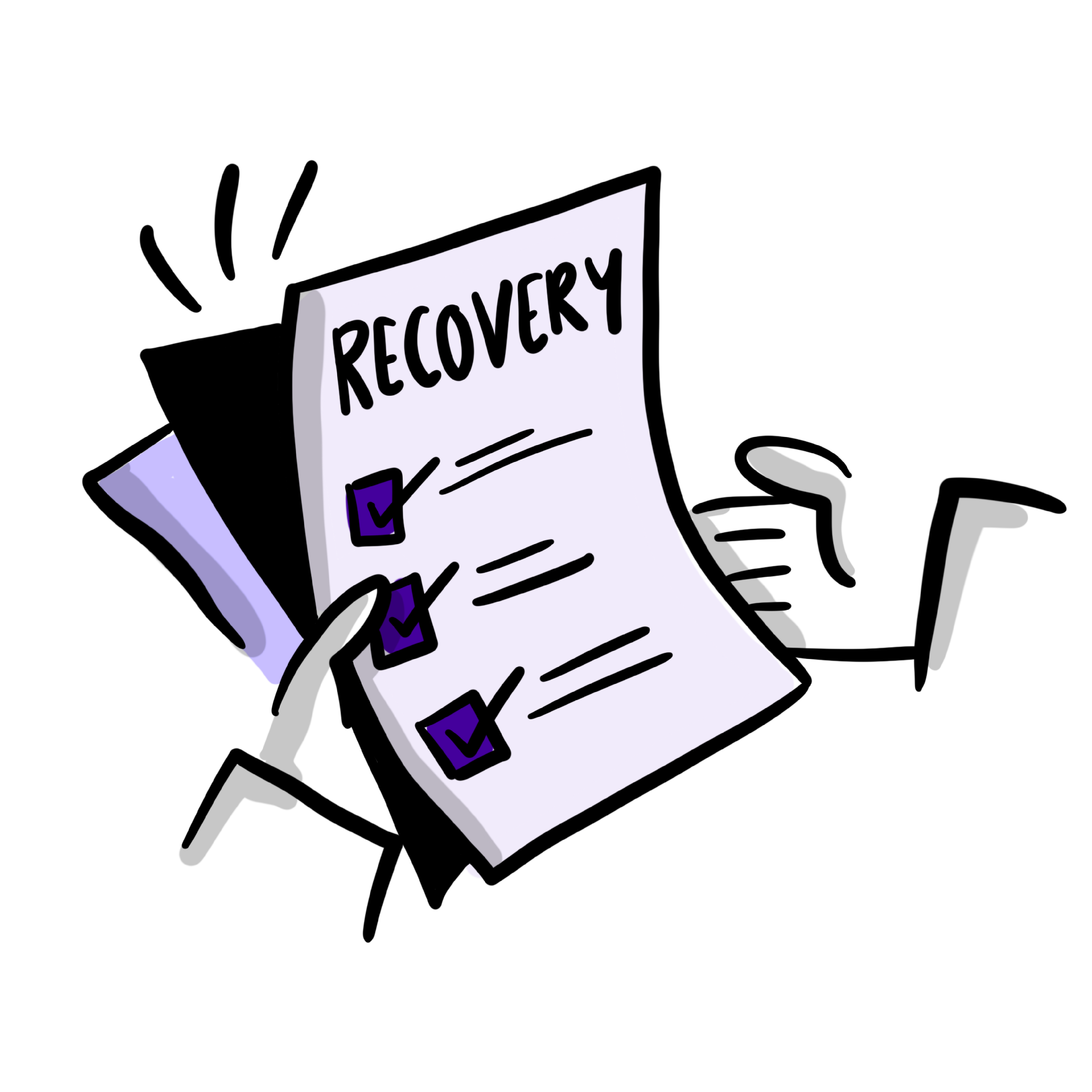 Illustration of a recovery checklist showing what happens to people after they leave hospital.